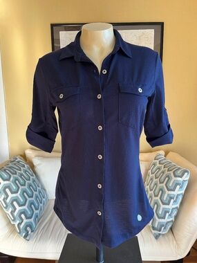 Stio Divide button down shirt roll tab short sleeves Navy Blue